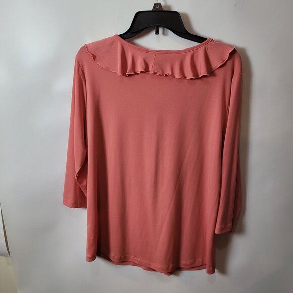 Southern Lady Pink Ruffled V-Neck Blouse W/Tie Front & 3/4 Sleeves Med. - Picture 4 of 13